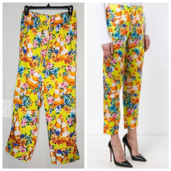 Moschino Couture Silk Traffic Cone Floral Pull On Pants Construction Size 8 - Picture 1 of 16